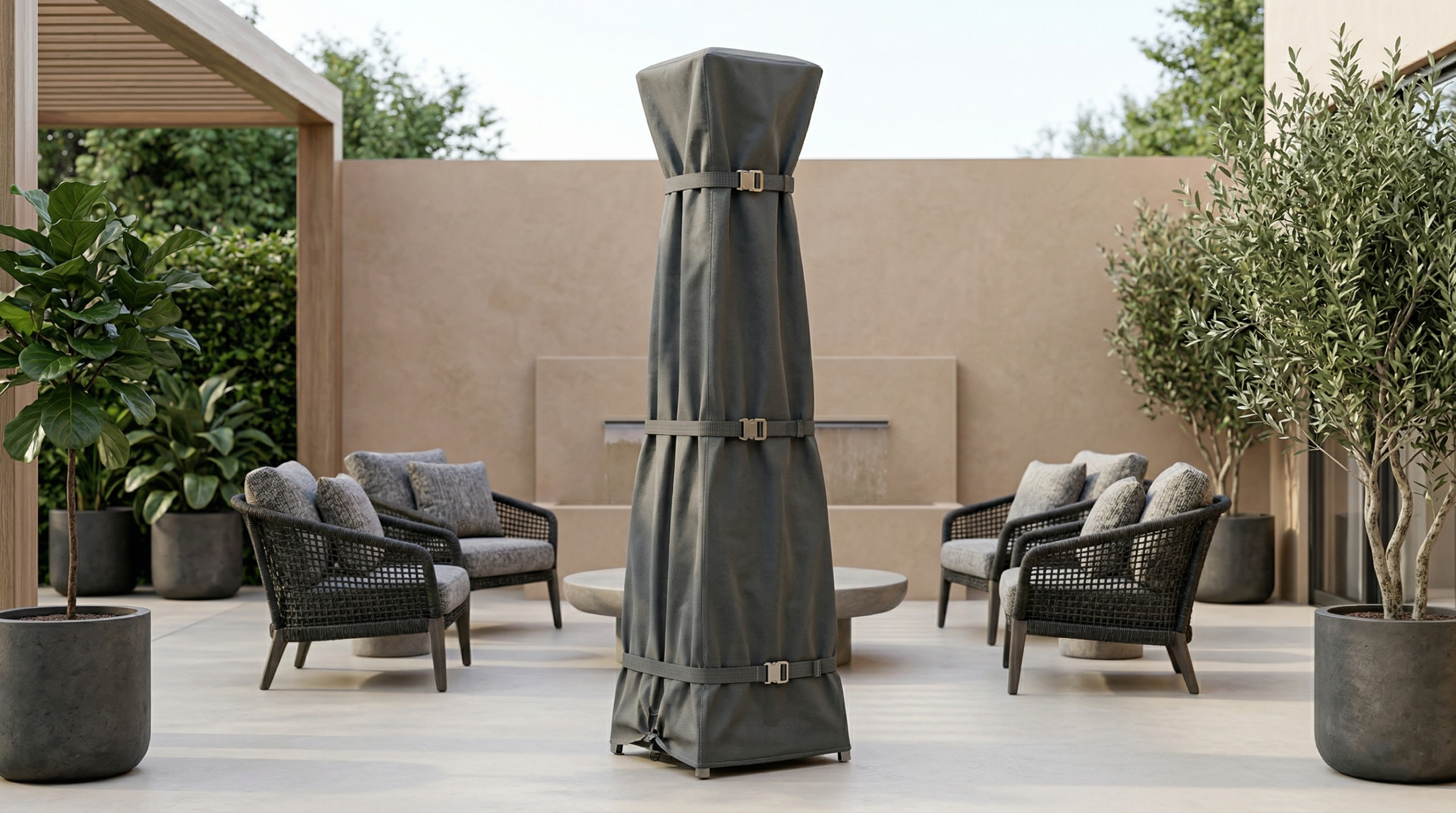 Patio heater covered with a secure fitted protective cover outdoors