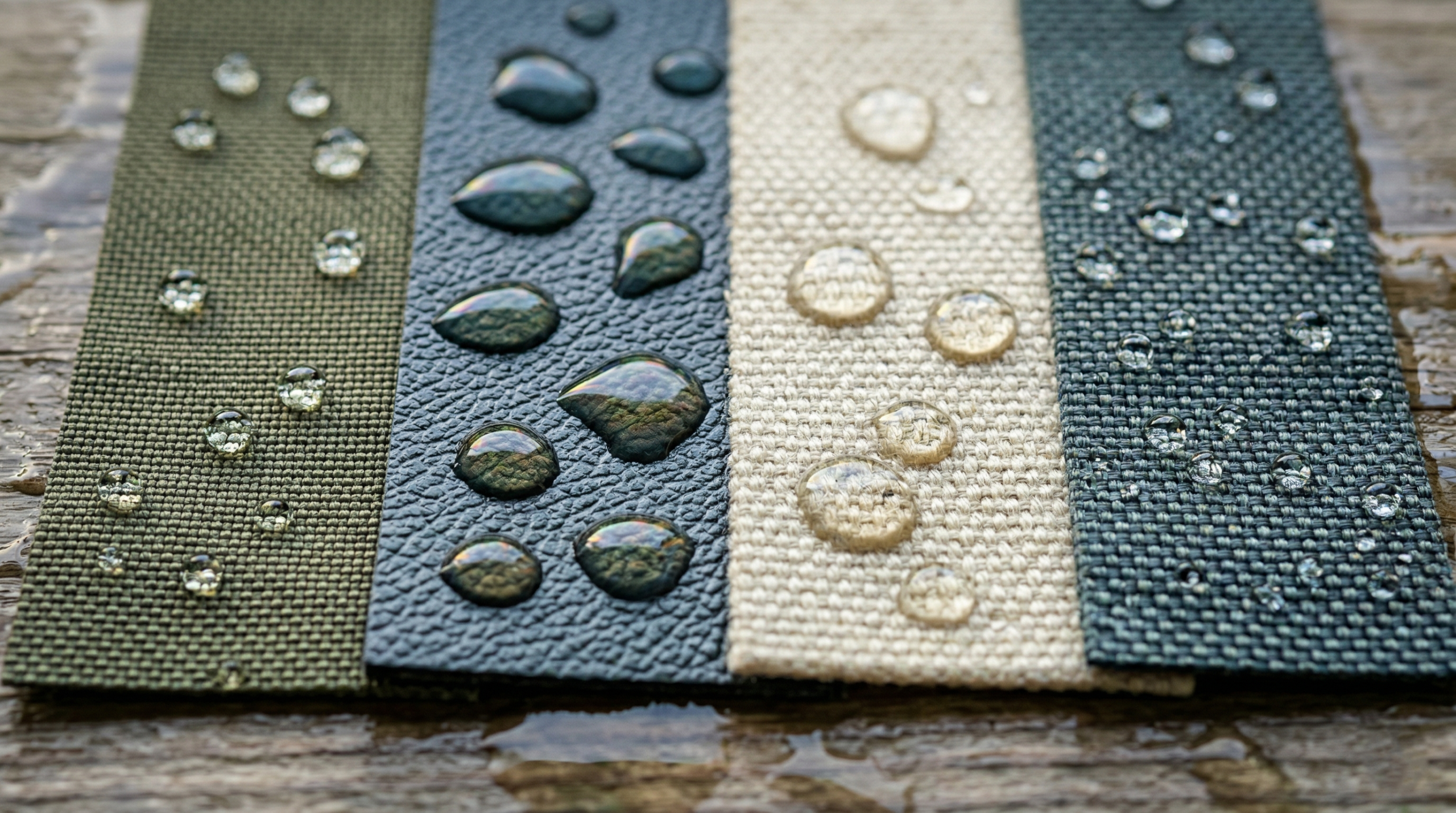 Close-up of polyester, vinyl, and canvas materials showing water resistance