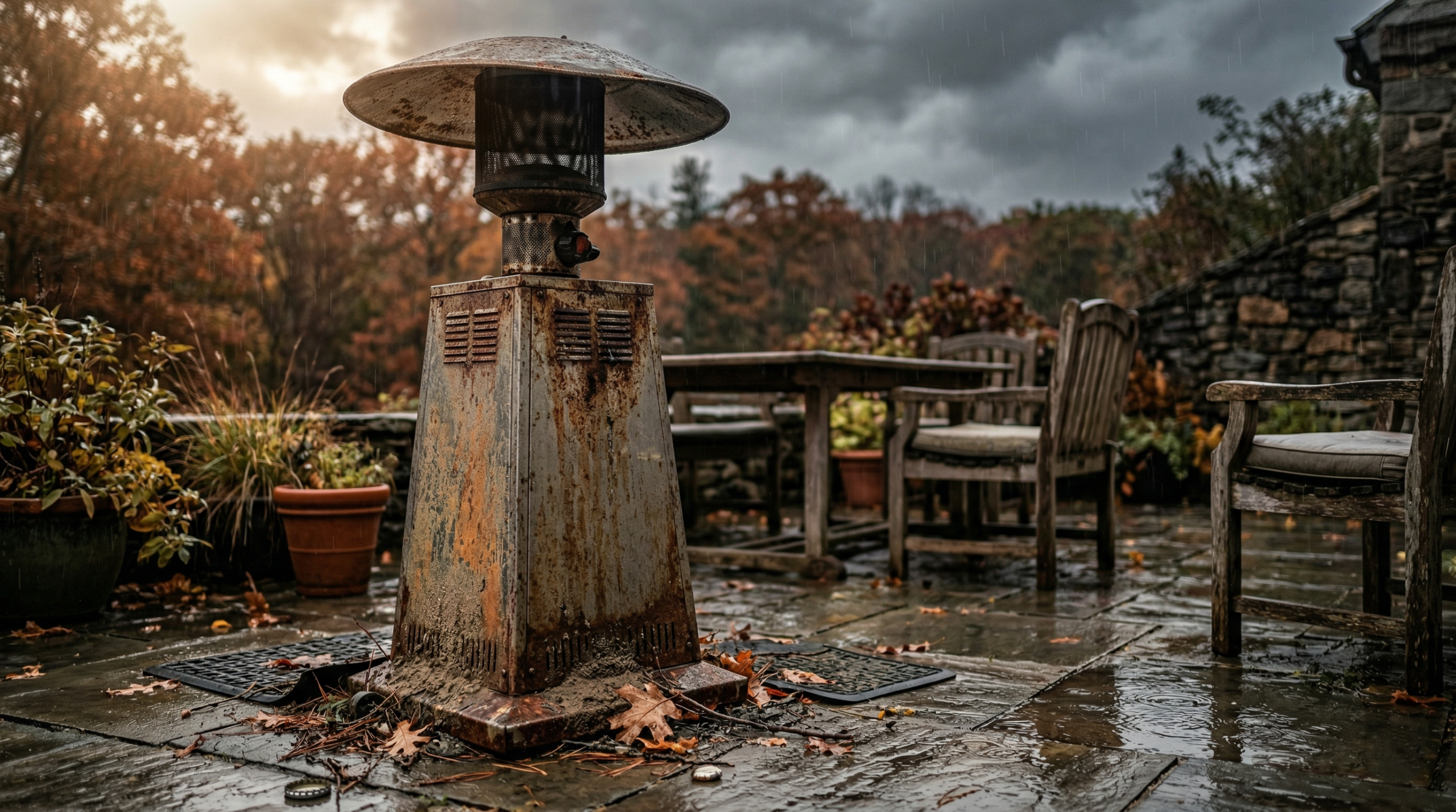 Patio heater exposed to rain and sun showing rust and environmental damage