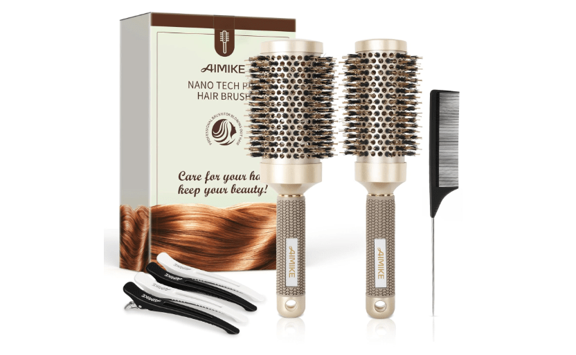 AIMIKE Hair Brush Set, Nano Thermal Ceramic & Ionic Tech Round Barrel Brush with Boar Bristles for Blow Drying, Enhance Texture for Styling, Curling and