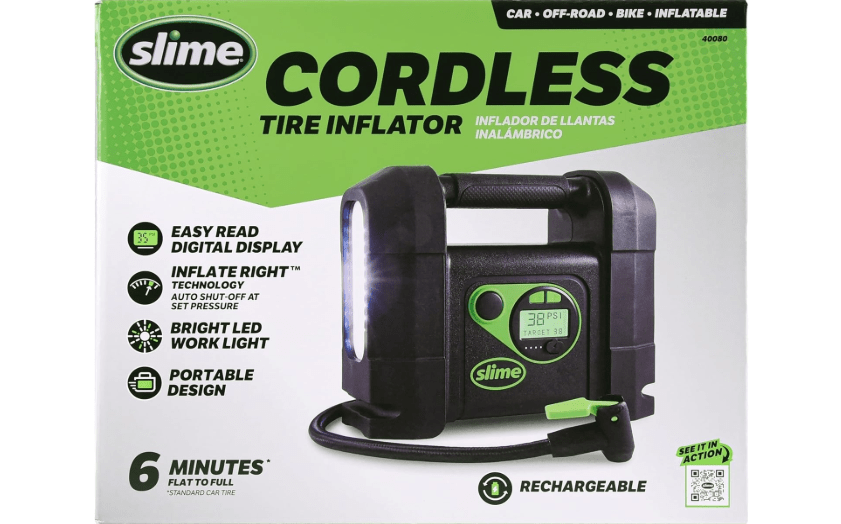  Slime 40080 Cordless Tire Inflator, Rugged Portable Air Compressor Pump with Auto Shut Off, Lithium Ion Battery and LED Light, Rechargeable