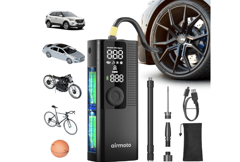  Airmoto Tire Inflator Portable Air Compressor - Air Pump for Car Tires with Digital Pressure Gauge, LED Light and Auto Shut-Off Function - Cordless Pump for