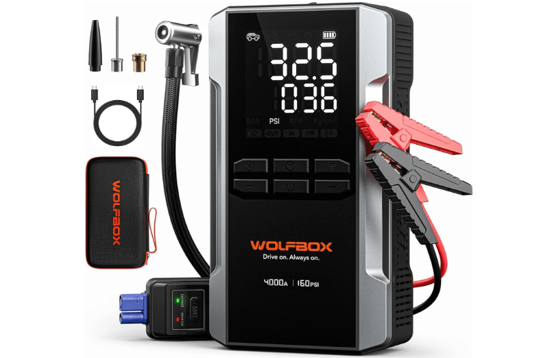  WOLFBOX 4000A Jump Starter with 160PSI Air Compressor, 12V Car Battery Booster, 65W Fast Charge, 88.8Wh Portable Tire Inflator, LED Display for 10L Gas &