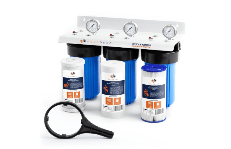  Aquaboon 3-Stage Whole House Water Filter System with 5 Micron 10x4.5 House Water Purification Pleated Sediment, Carbon Chlorine Reduction and Reducing