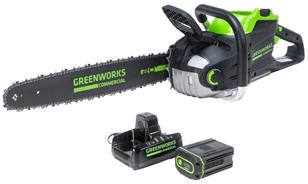  Greenworks 82V 20" Brushless (3.4 kW) Cordless Chainsaw (205 Cuts Per Charge), 4.0Ah Battery and Dual Port Rapid Charger (Great For Landscapers and