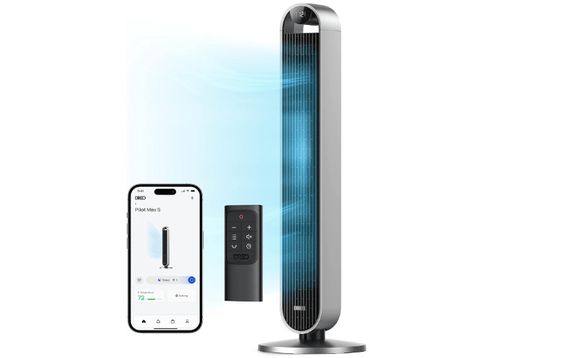  Dreo Tower Fan for Bedroom, 42 Inch 120° Oscillating Fan, 25dB Quiet DC Motor, 28ft/s Velocity Bladeless Standing Fan with 12 Speeds, 4 Modes, 12H Timer.