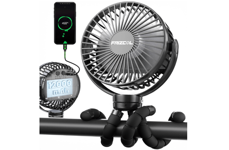 
FRIZCOL Portable Stroller Fan, Use As Power Bank, 65H 12000mAh Battery Operated Fan Flexible Tripod Baby Car Seat Fans with Timming, Personal Mini