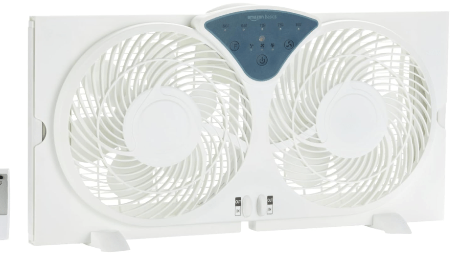 Amazon Basics Twin Window Fan with Reversible Airflow, 3 Speeds, Exhaust, Expandable Side Panel, Digital Control, 9 inch, 78W, White