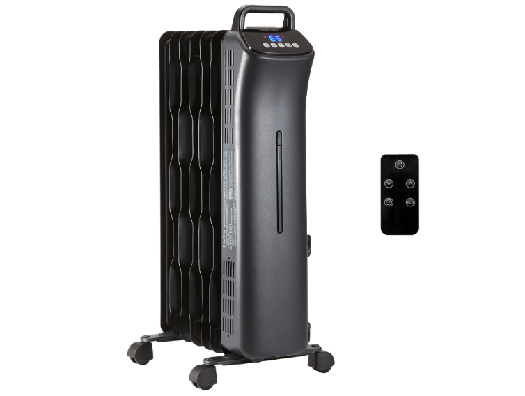  Amazon Basics Portable Oil Space Heater with Remote Control, 7 Oil-Filled Fins, Adjustable Thermostat, 3 Heat Settings, Tip-Over and Overheat Protection,..