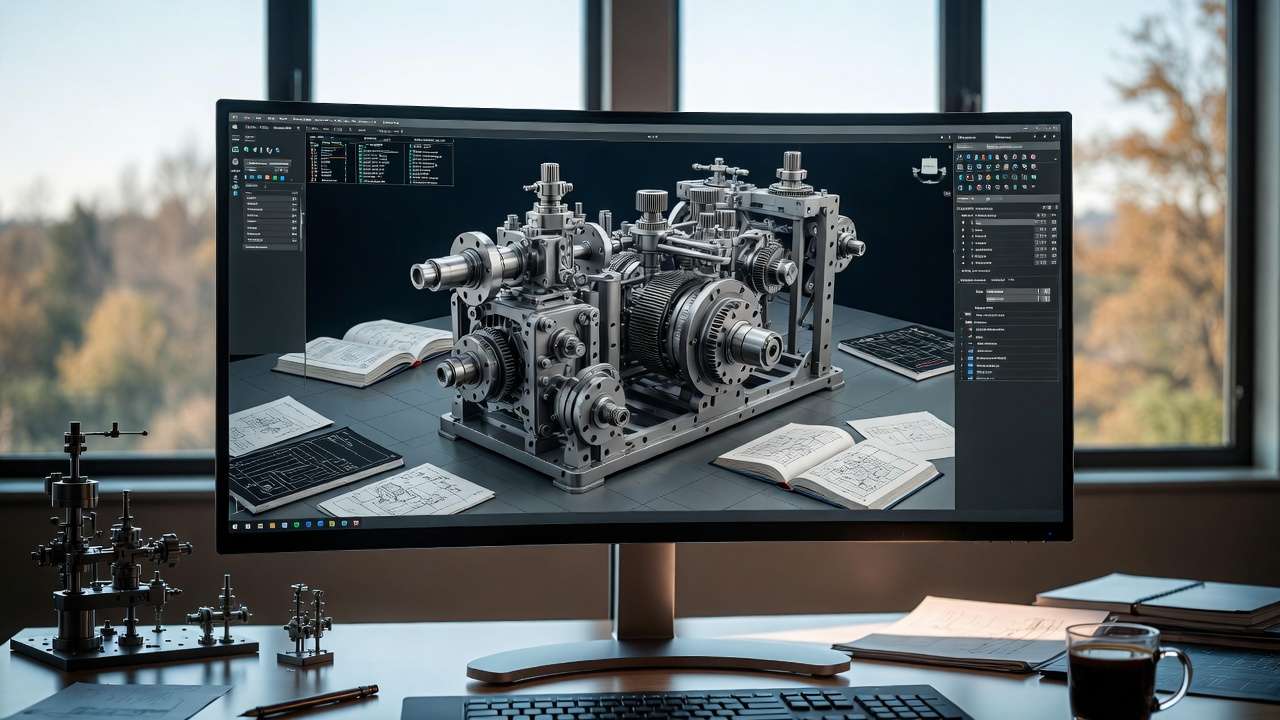 Modern mechanical engineering workstation with CAD design inspired by educational legacies.