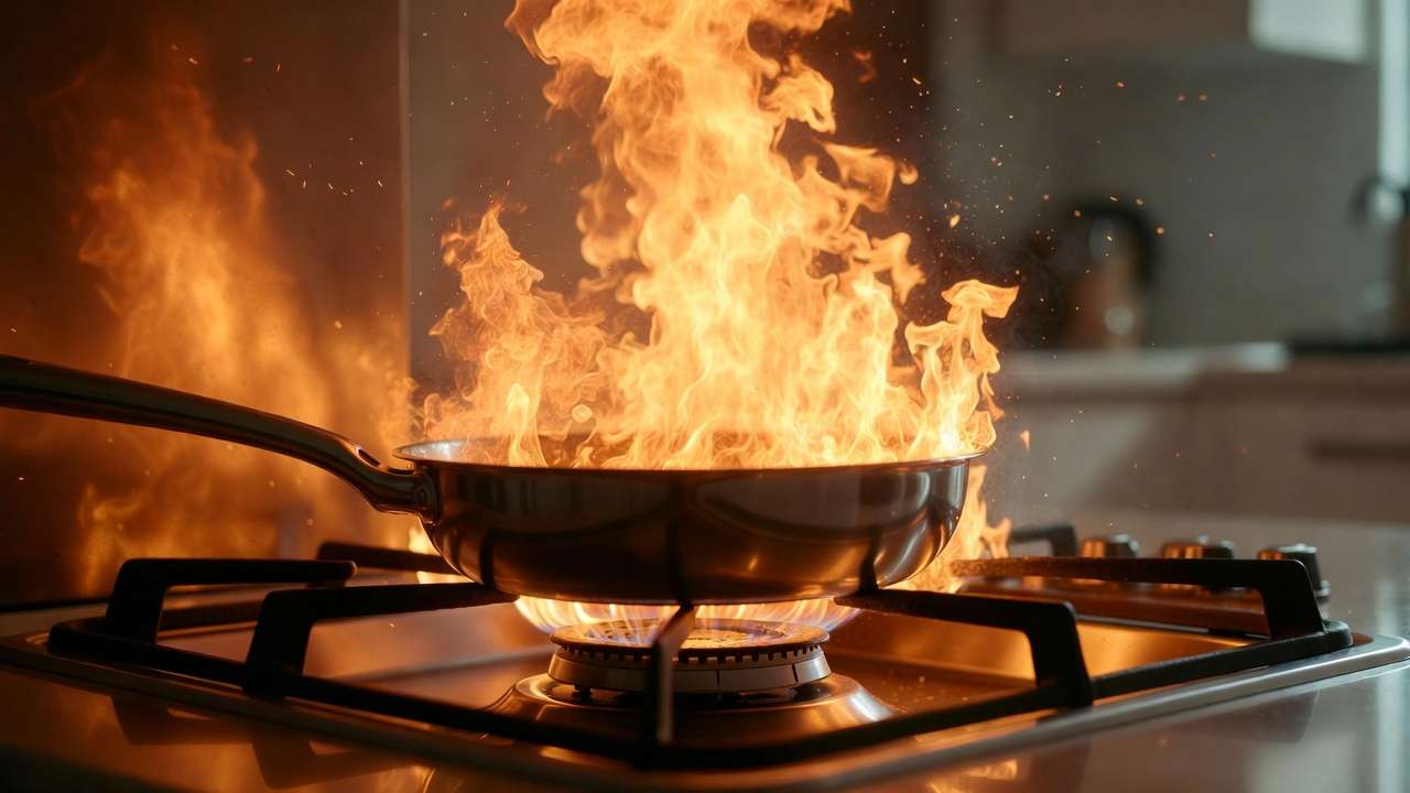 Grease fire in frying pan on kitchen stove showing dangerous flames from cooking oil