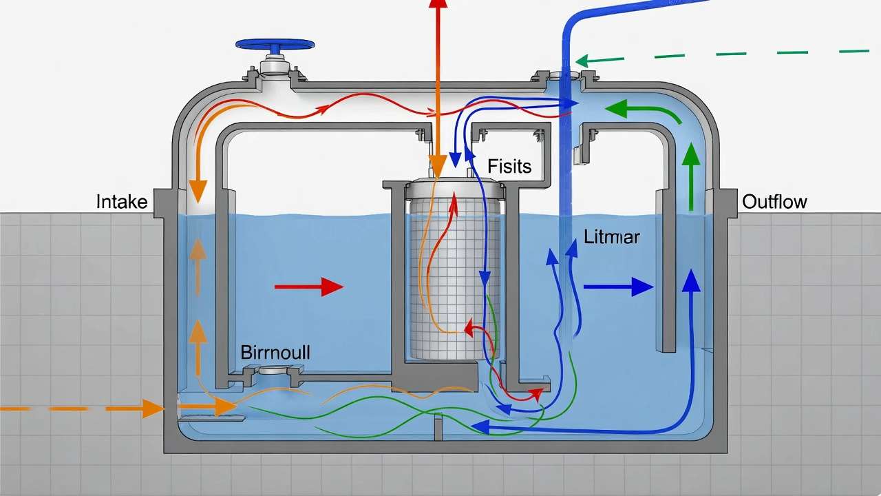 Fluid dynamics visualization in pond filtration systems showing turbulent flow, Reynolds number effects, and hydraulic head loss calculations.