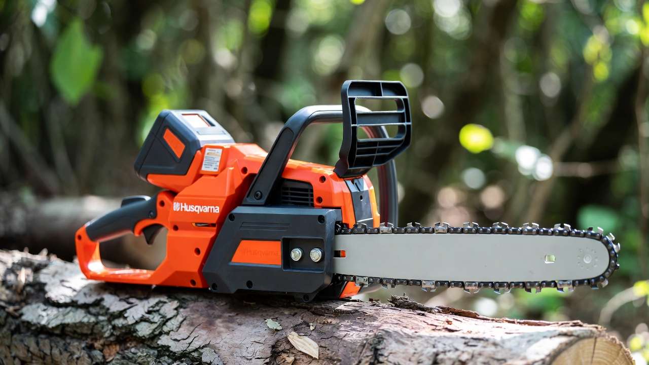 Battery-powered Husqvarna chainsaw showcasing engineering innovations for reduced vibration and ergonomic safety.