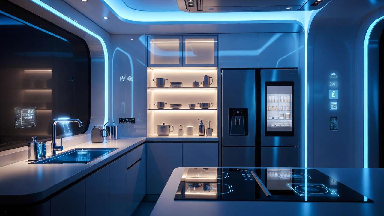 Smart kitchen with IoT technology enhancing golden work triangle for future-proof mechanical efficiency and ergonomics.