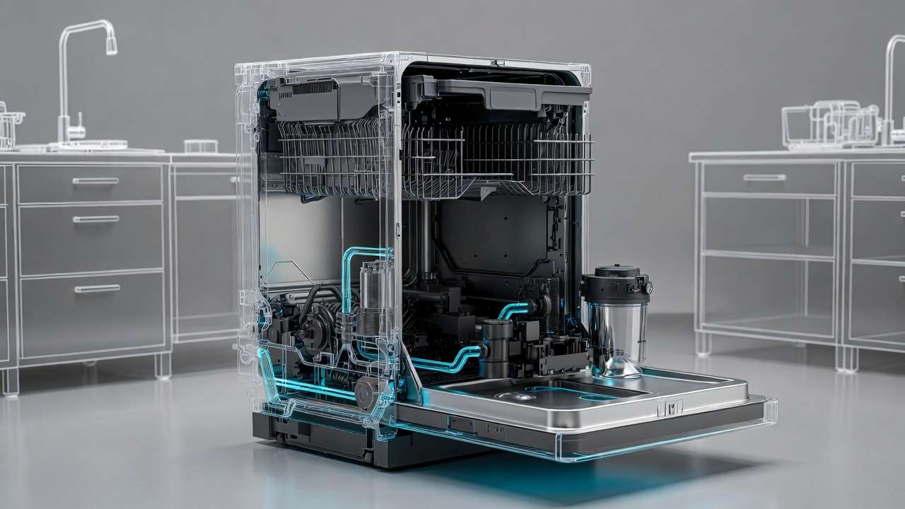 Advanced 2026 built-in dishwasher engineering cutaway showing optimized mechanical systems and components