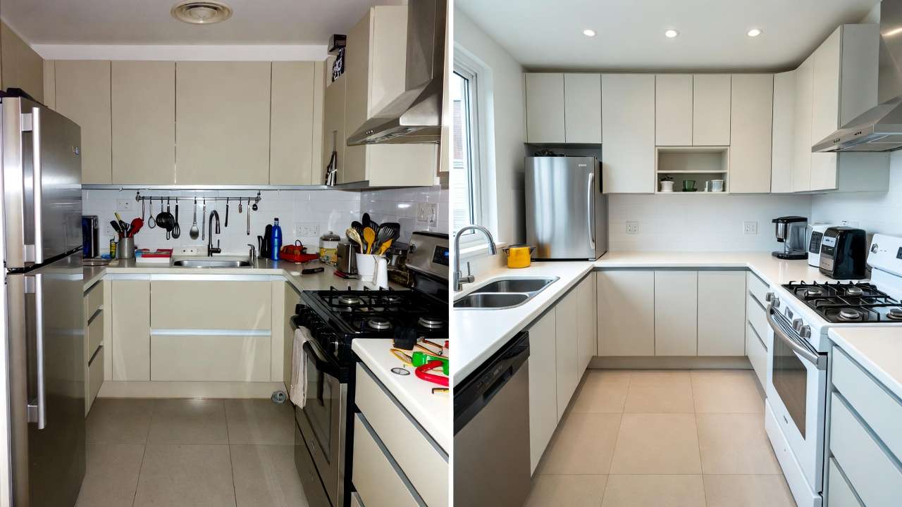 Before and after comparison of inefficient vs golden kitchen work triangle for better ergonomic engineering.
