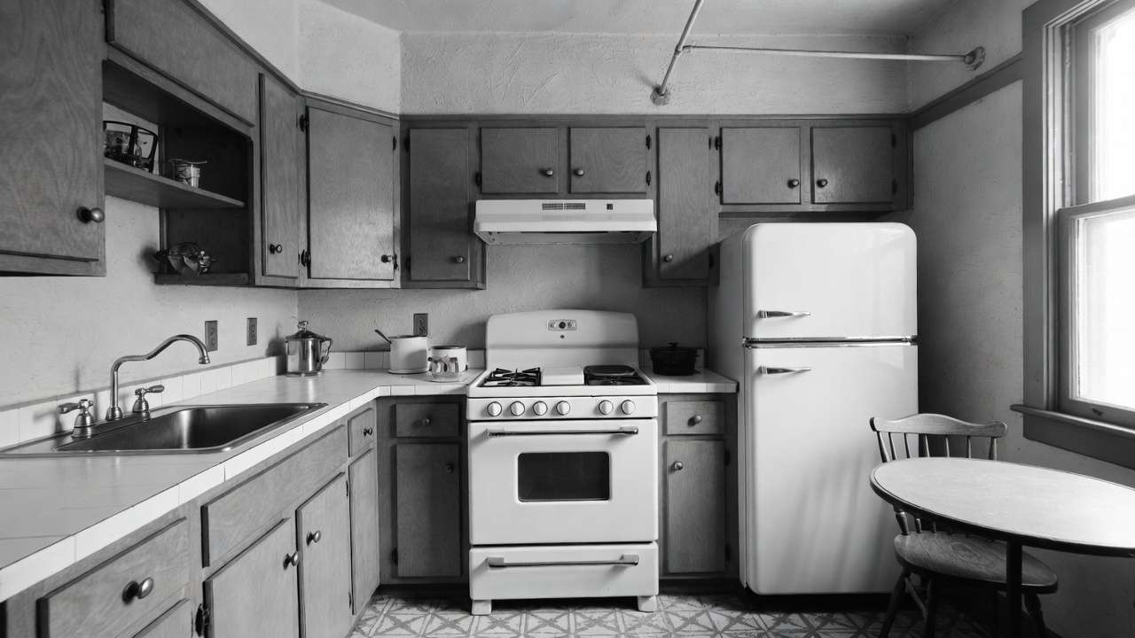 Vintage 1940s kitchen demonstrating early work triangle efficiency in mechanical engineering design.