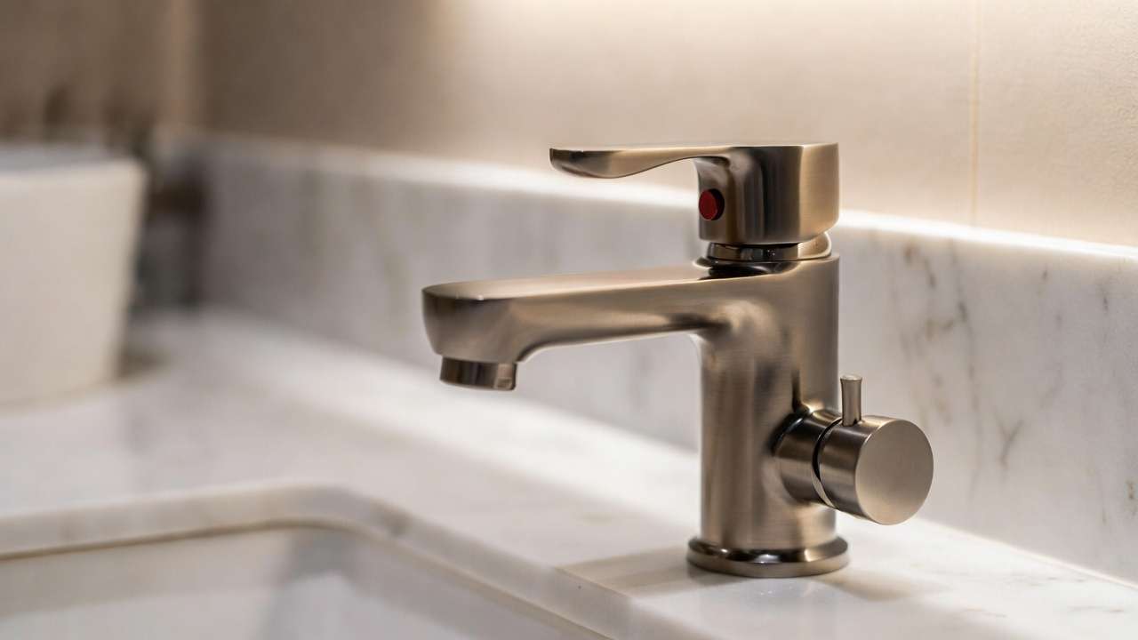 Brushed nickel bathroom faucet close-up displaying satin matte texture and modern design