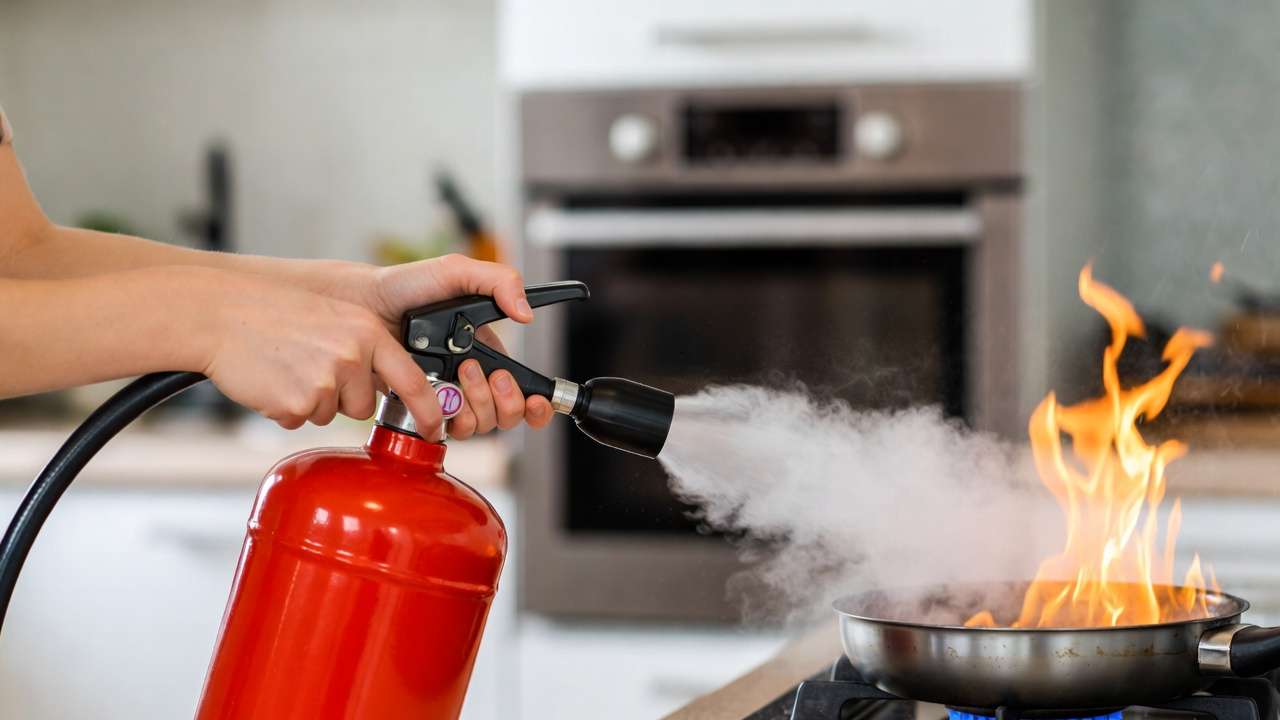 Person demonstrating PASS technique aiming kitchen fire extinguisher at base of grease fire