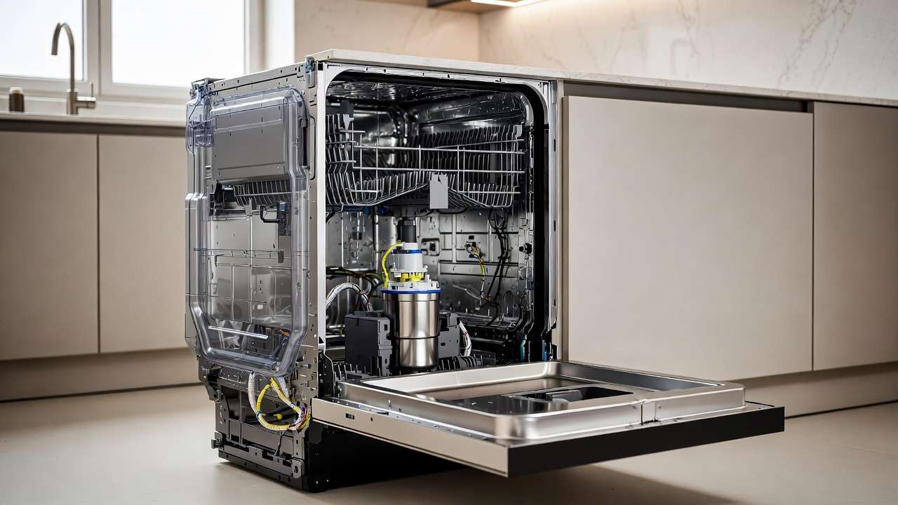 Cutaway view of modern built-in dishwasher showing internal mechanical architecture and components for engineering analysis