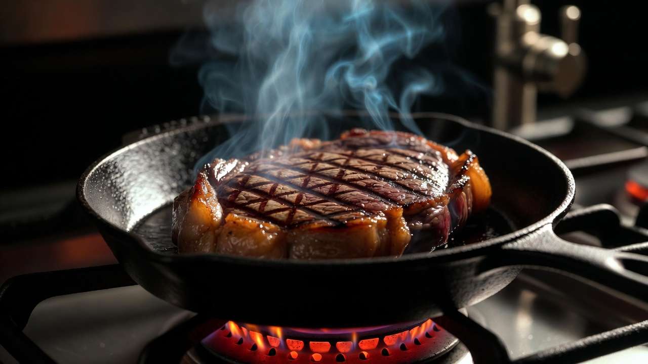 Cast iron skillet searing steak demonstrating conduction heat transfer in mechanical engineering kitchen analogy