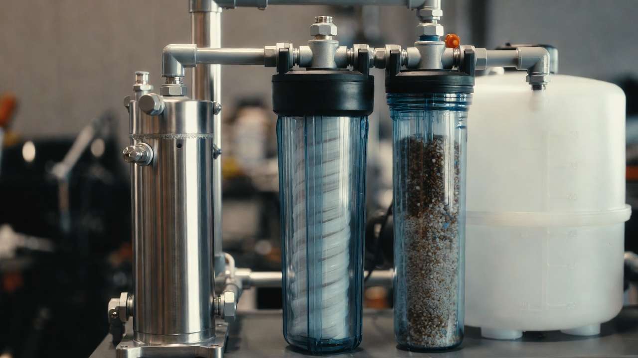 Key components of engineered car cleaning water system including RO membrane, DI resin, and booster pump