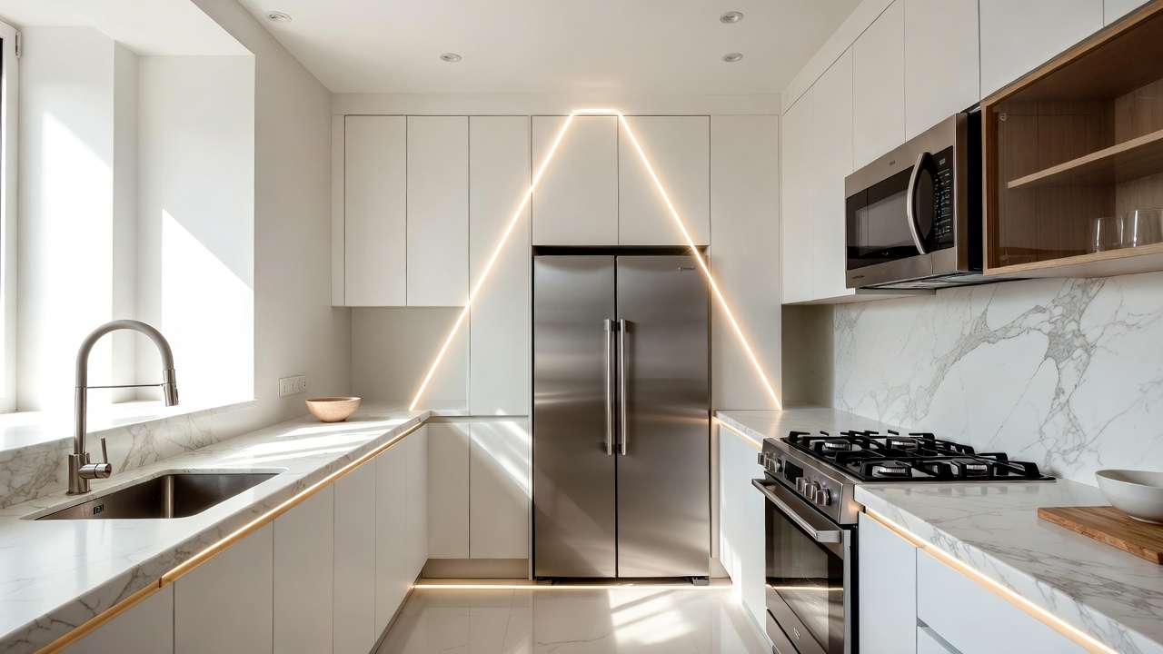 Modern kitchen layout showcasing golden work triangle for optimal mechanical efficiency and ergonomics.