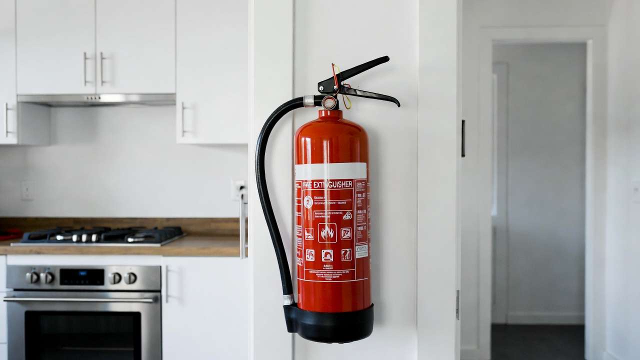 Properly mounted kitchen fire extinguisher on wall near exit showing correct safety placement