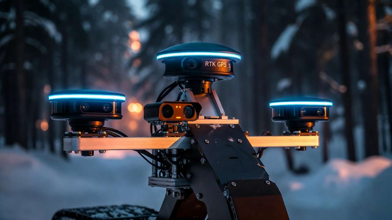 Advanced RTK GPS, AI vision cameras, and multi-sensor array on autonomous snow blower for precise winter navigation.