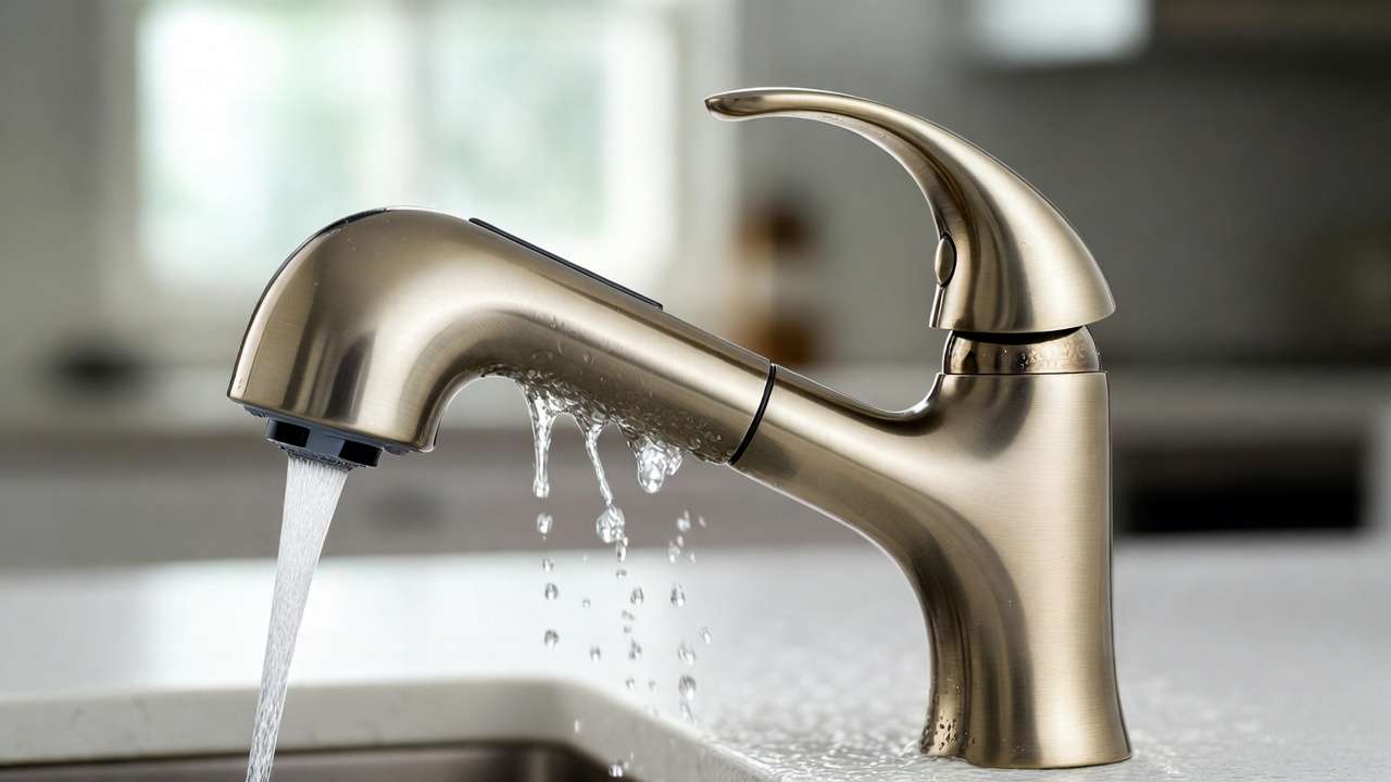 Close-up of brushed nickel kitchen faucet with flowing water showing durable matte finish and low spot visibility