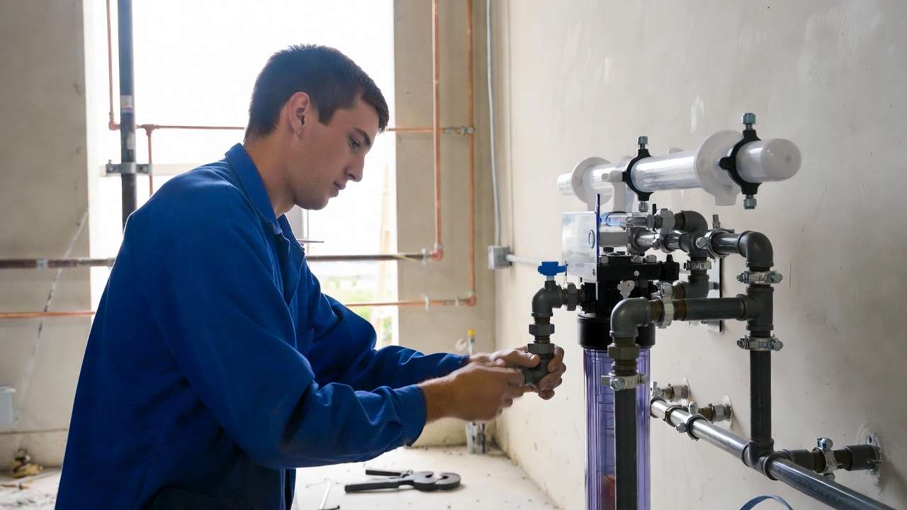 Professional installation of car cleaning water system with RO, DI, and plumbing connections