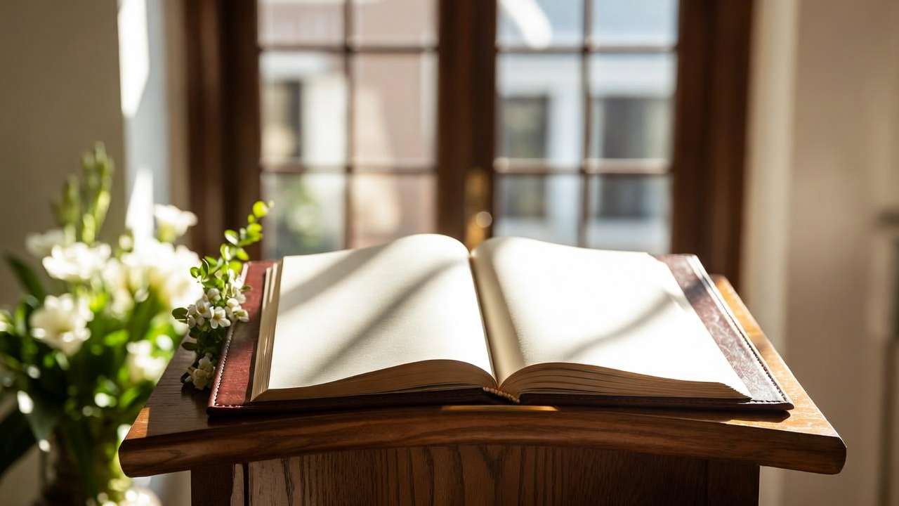 Open condolence guestbook with sympathy flowers at Swicegood Funeral Home