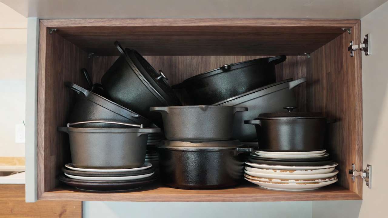 Loaded walnut kitchen cabinet shelf showing real-world load-bearing performance and sag resistance