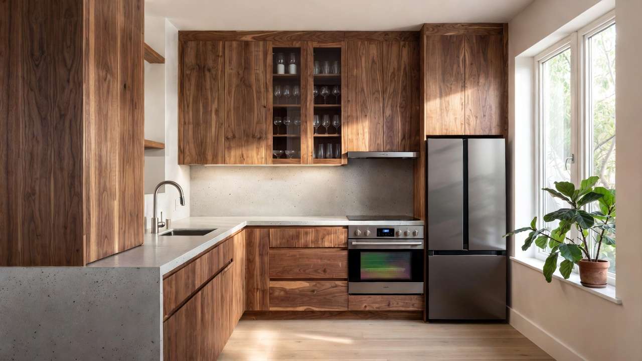 Sustainable walnut kitchen cabinets in eco-conscious modern design highlighting long-term environmental value