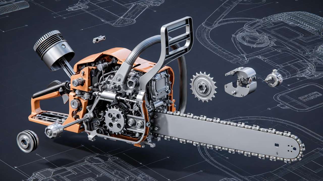 Exploded view of chainsaw components illustrating mechanical engineering fundamentals for vibration and design analysis.
