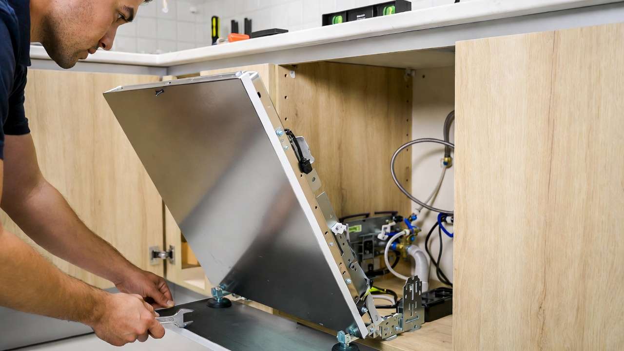 Professional installation of built-in dishwasher showing mechanical integration and best practices