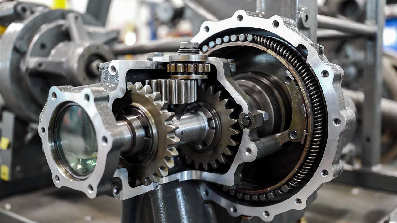 Pull behind mower PTO gearbox cutaway showing cast iron housing and slip clutch