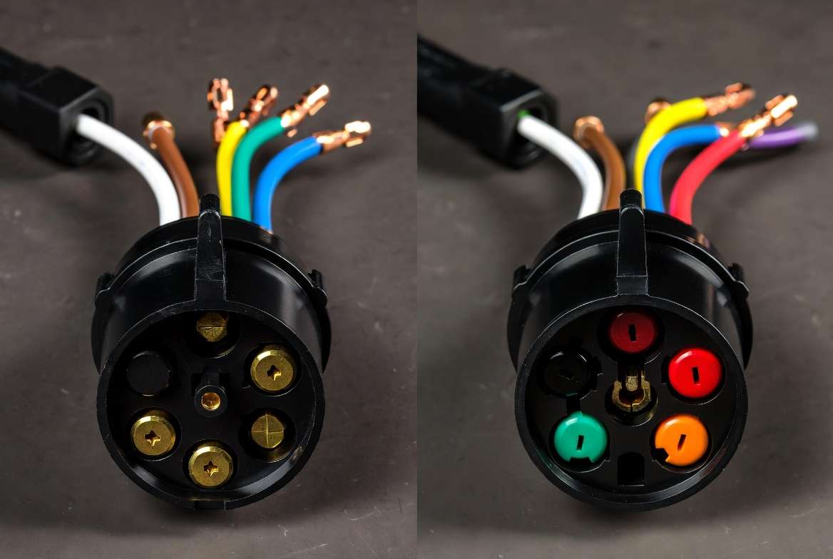 7-way trailer plug standards comparison showing traditional RV blade vs SAE J2863 configurations with color-coded wires