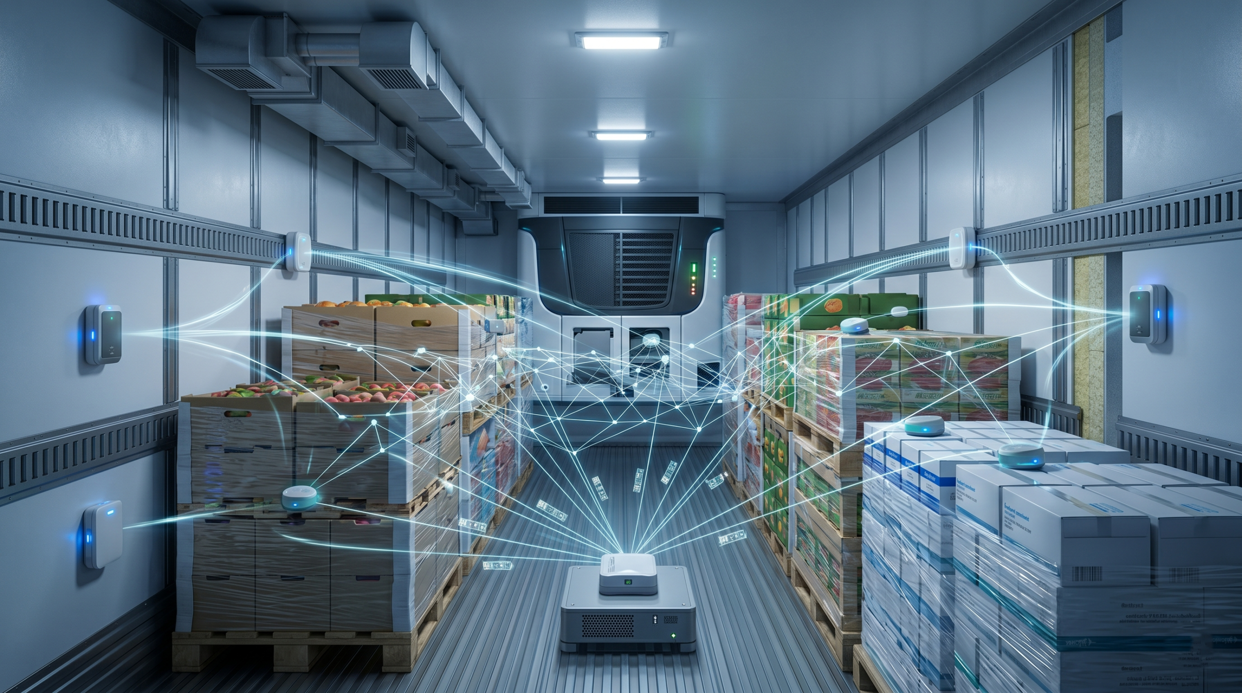 IoT sensors monitoring temperature and humidity inside refrigerated transport cargo system