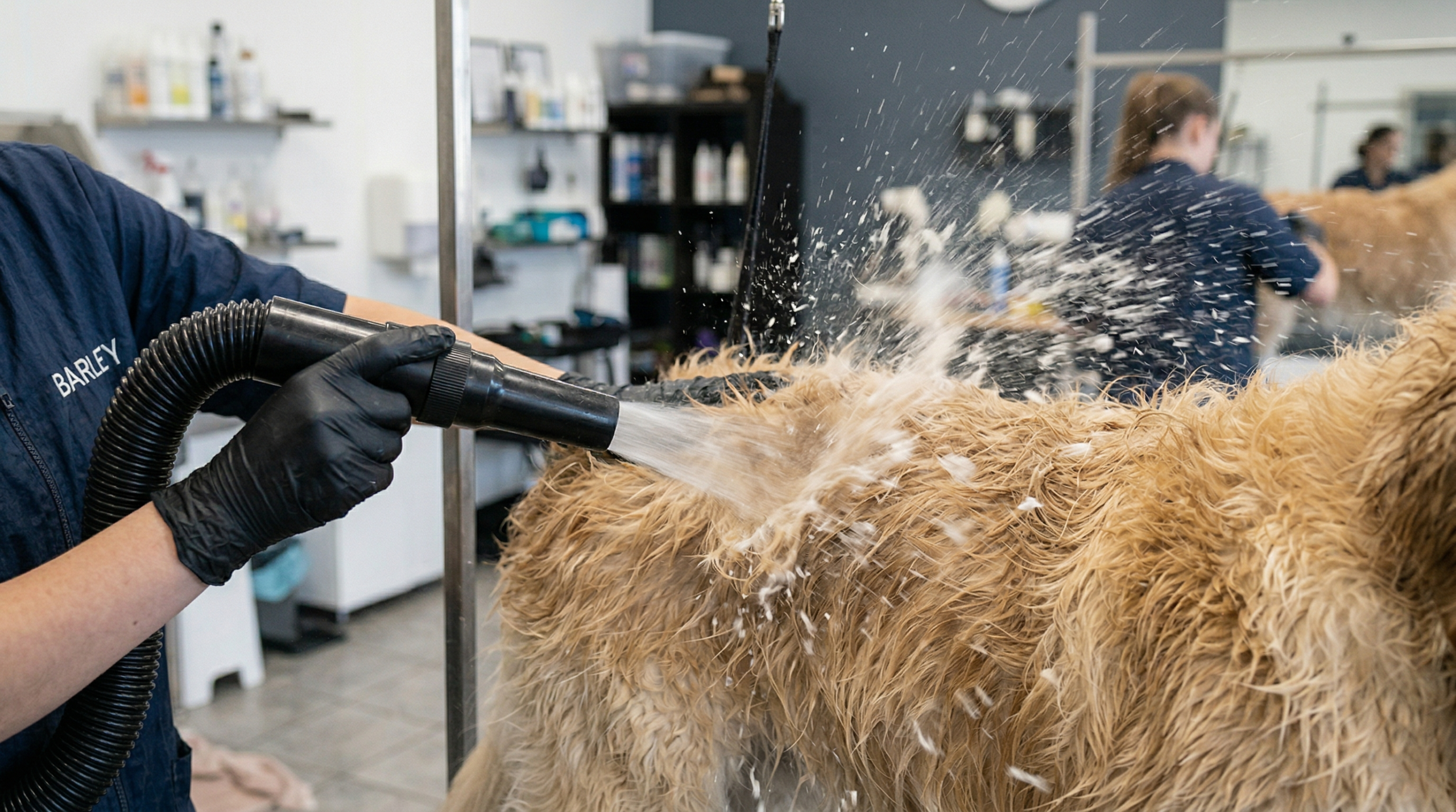 High velocity airflow removing water from dog fur using powerful air pressure