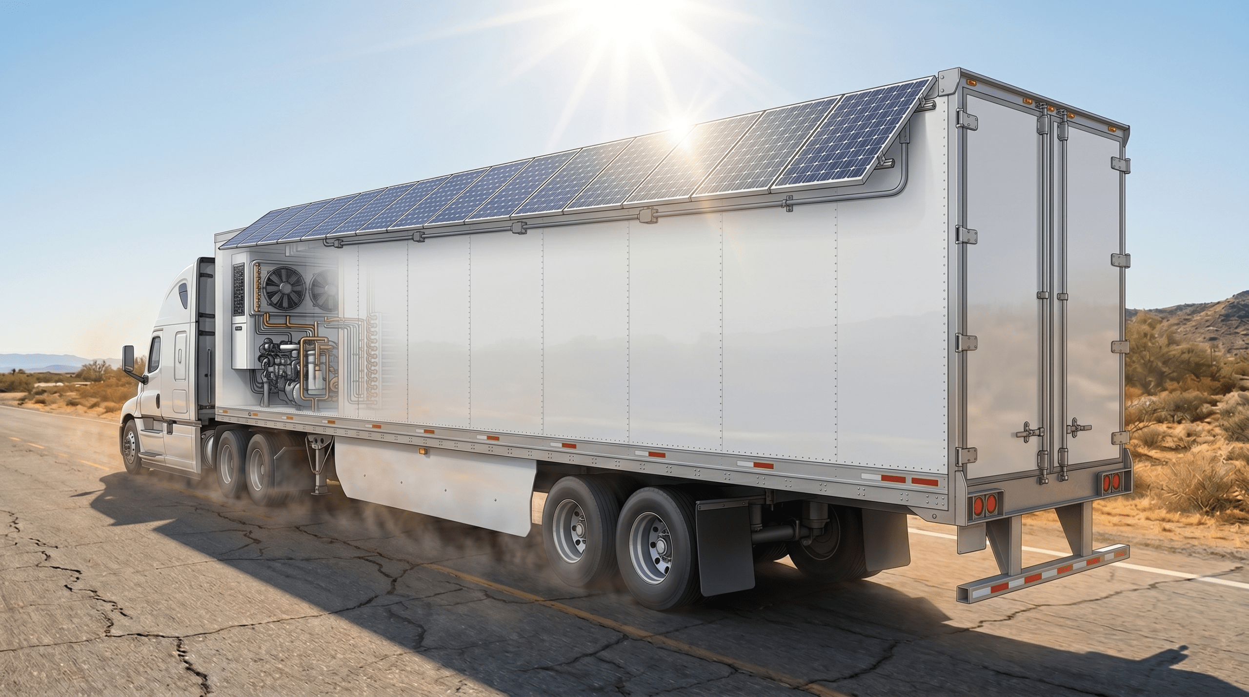 Refrigerated transport truck with rooftop solar panels operating in a sunny southern climate