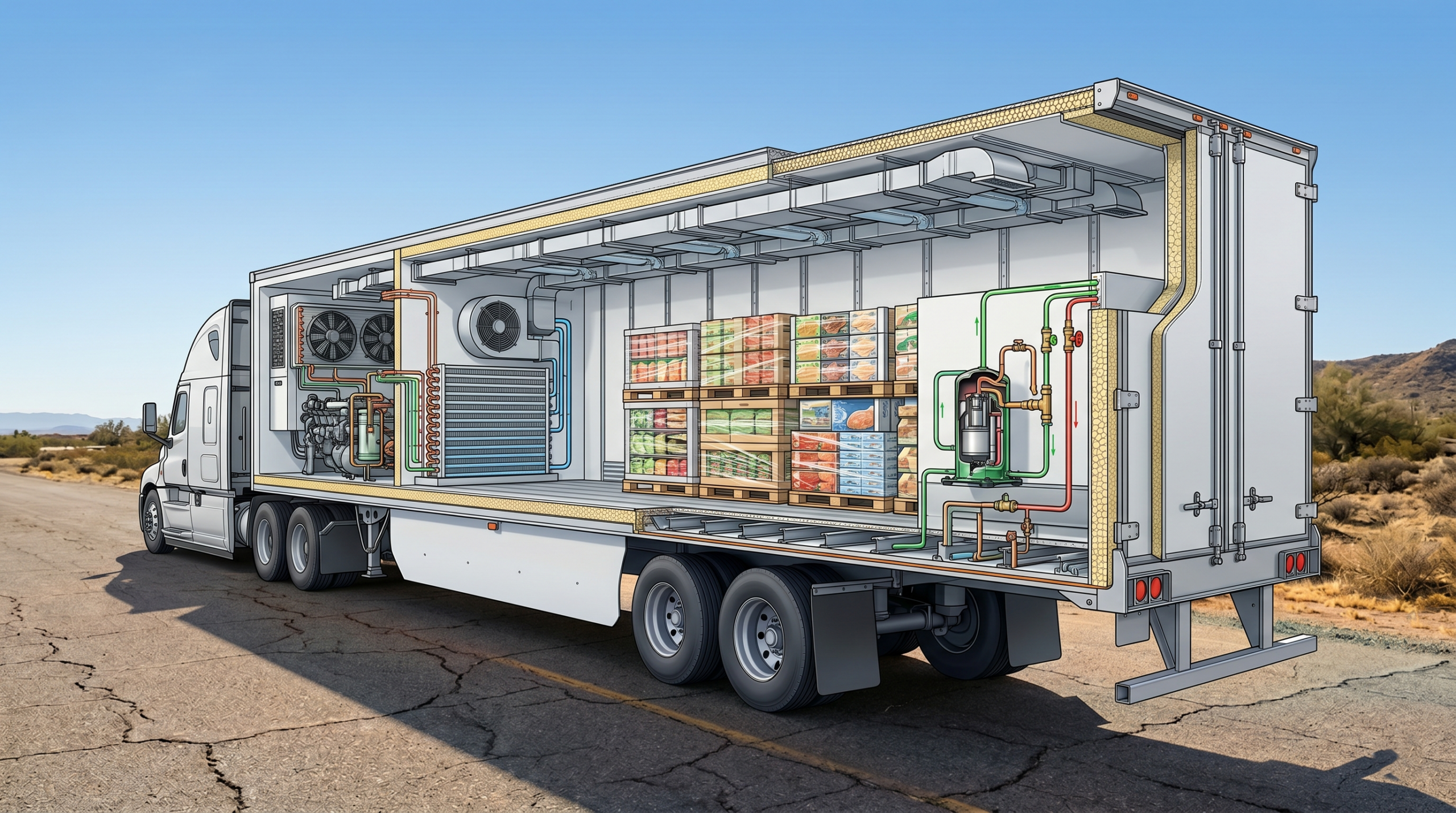 Refrigerated transport trailer cutaway showing compressor condenser evaporator airflow and insulation system