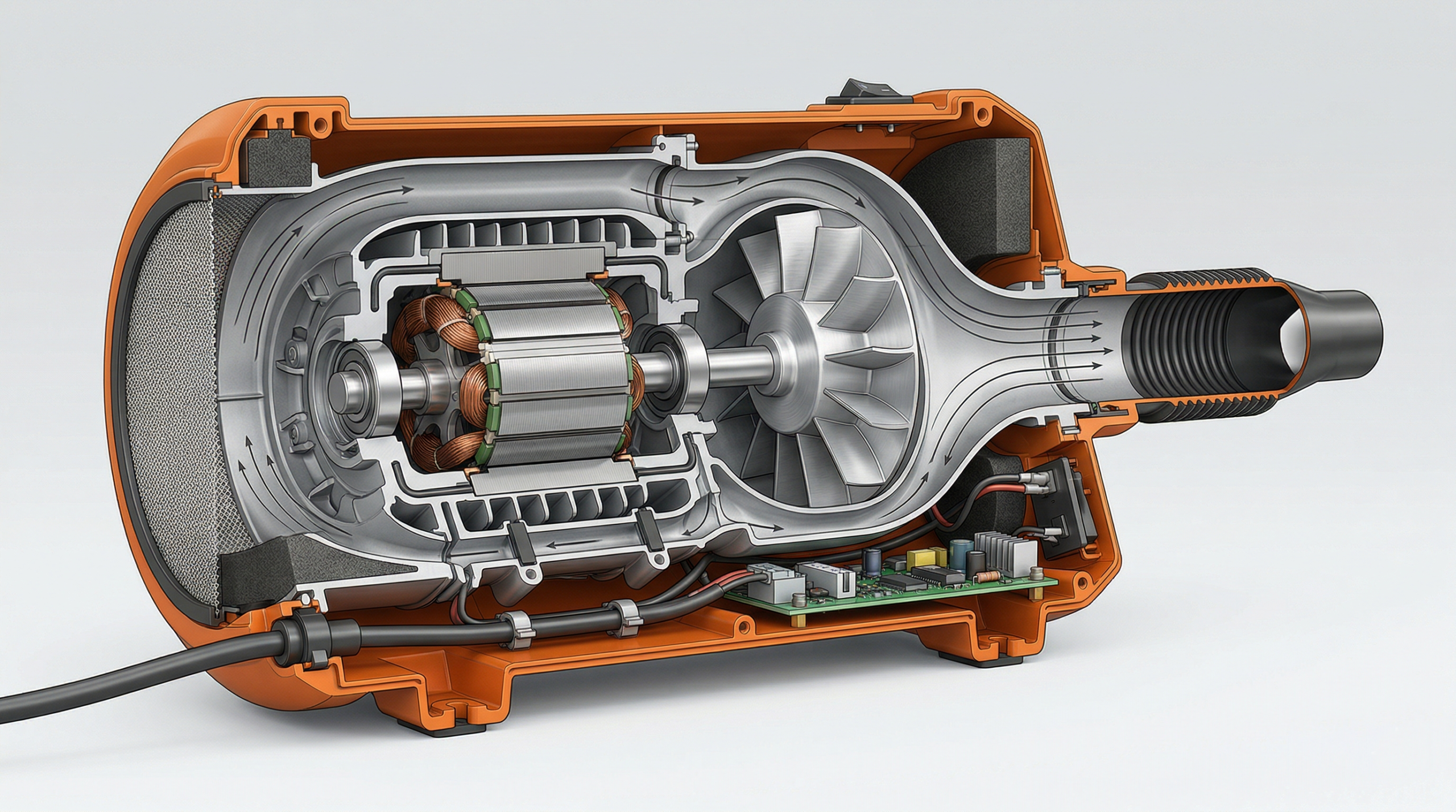 Internal structure of a high velocity dog dryer showing motor and airflow system