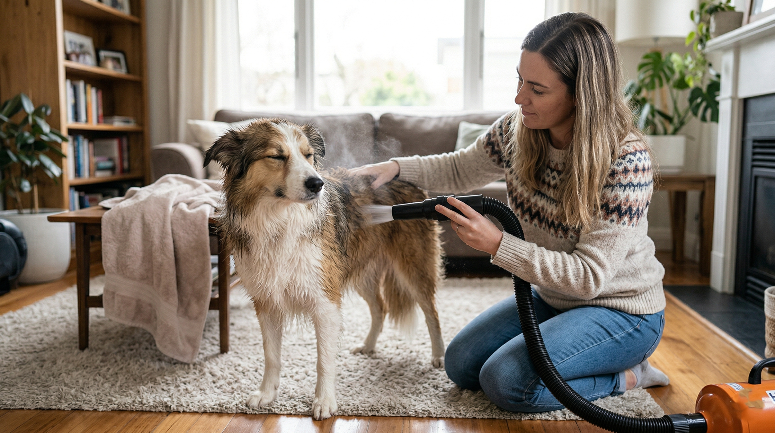 Proper technique for safely using a high velocity dog dryer on a dog at home