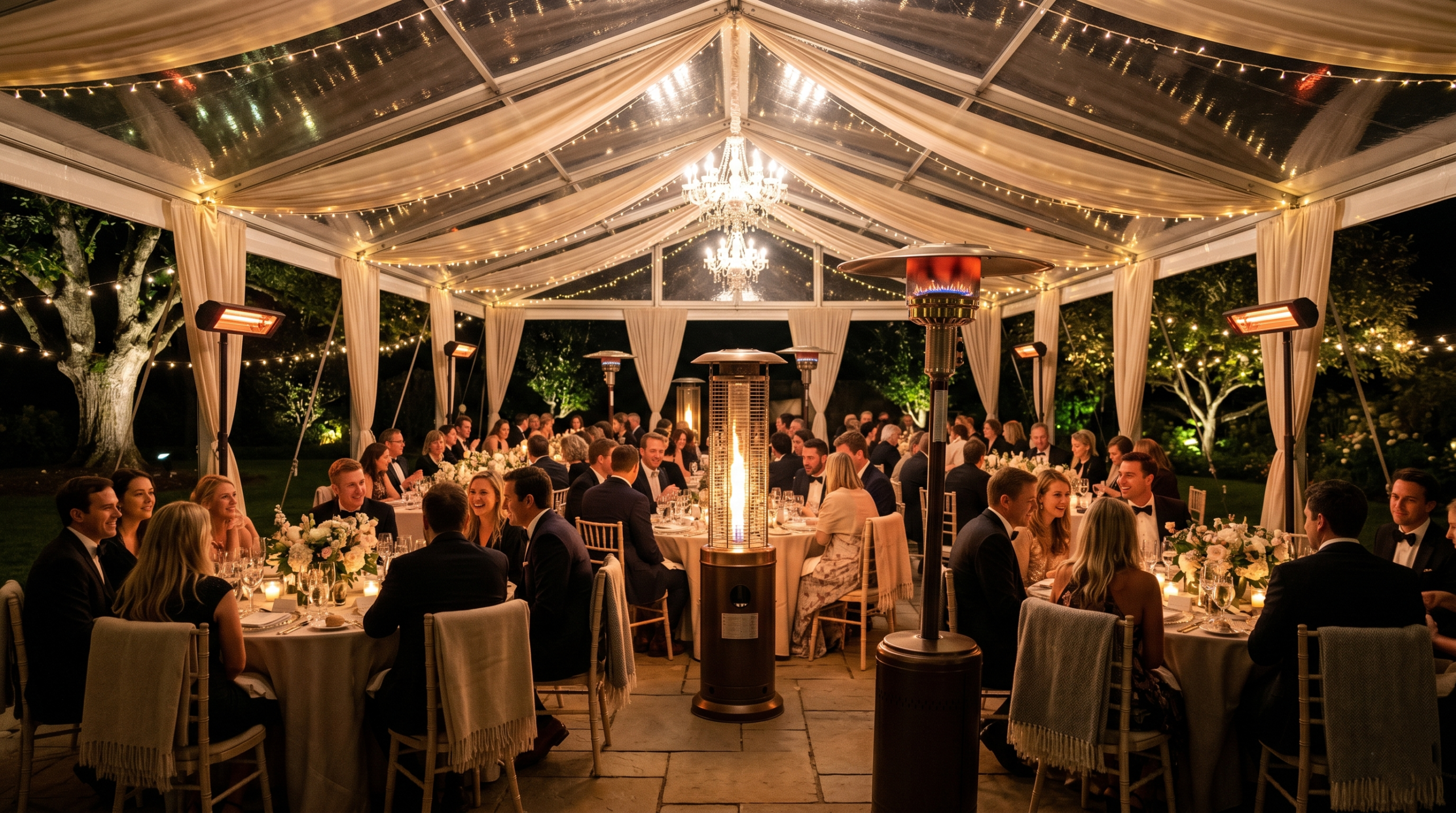 Outdoor wedding with rented space heaters providing warmth
