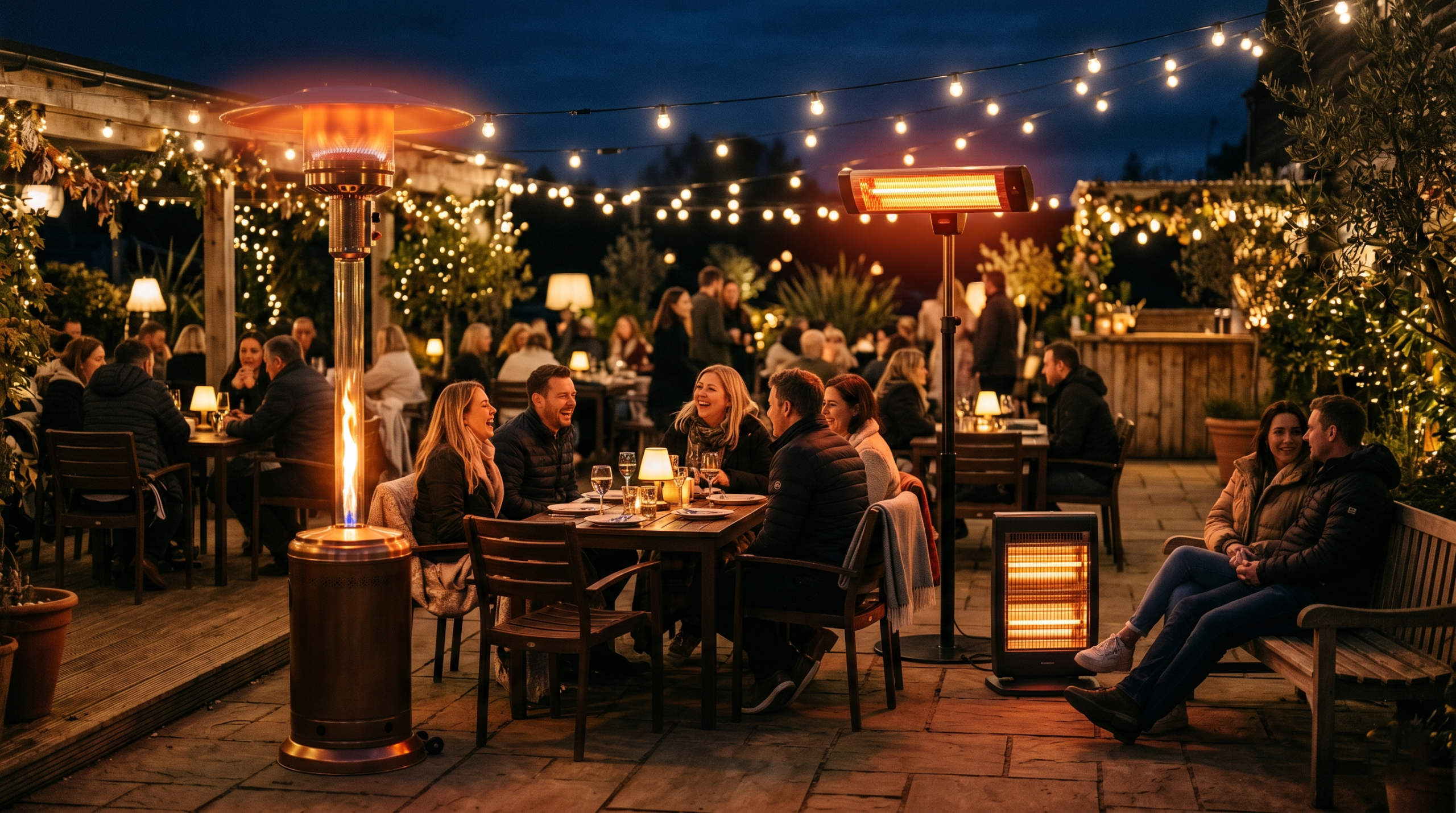 Different types of outdoor space heaters used in an event setting