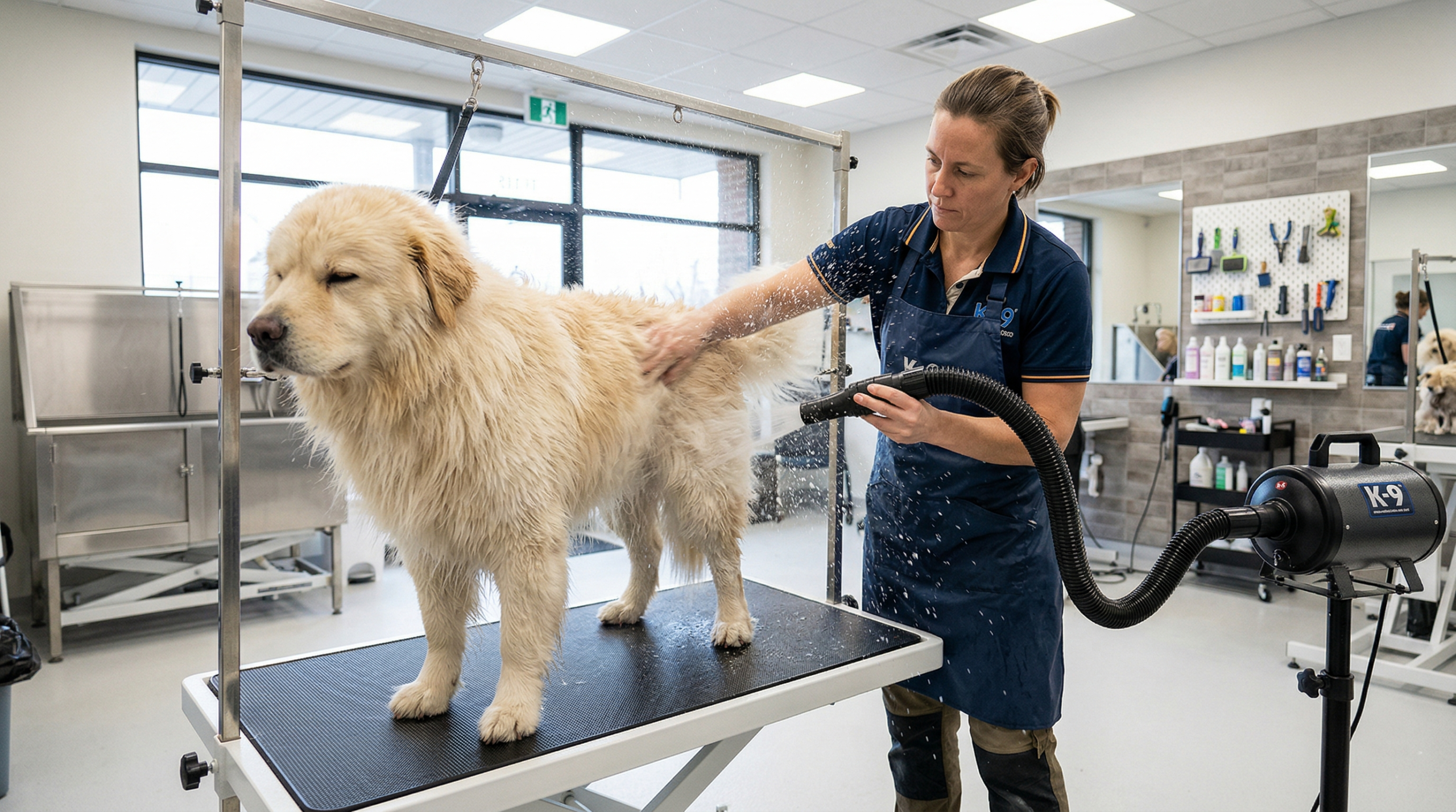 High velocity dog dryer blowing water off a dog’s thick coat during grooming
