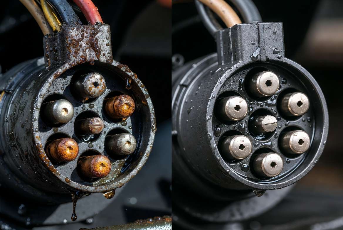 Common 7-way trailer plug problems including corrosion and poor connections with troubleshooting examples