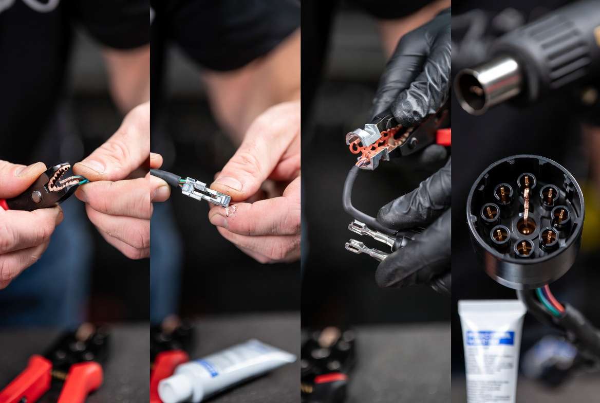 Step-by-step process of wiring a 7-way trailer plug with tools and color-coded wires